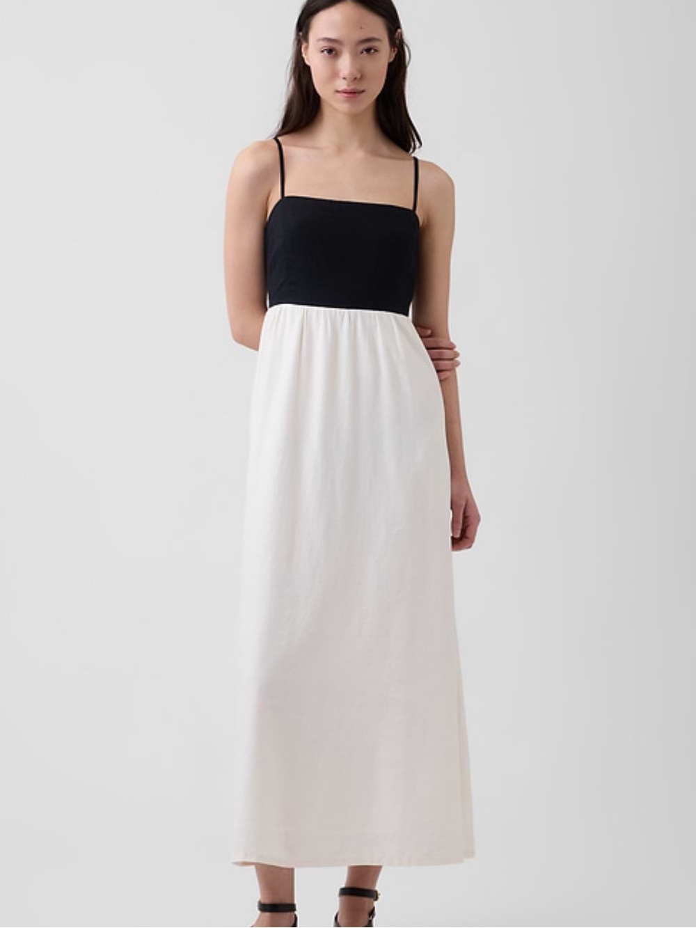 gap black and white color block linen blend empire waist maxi dress